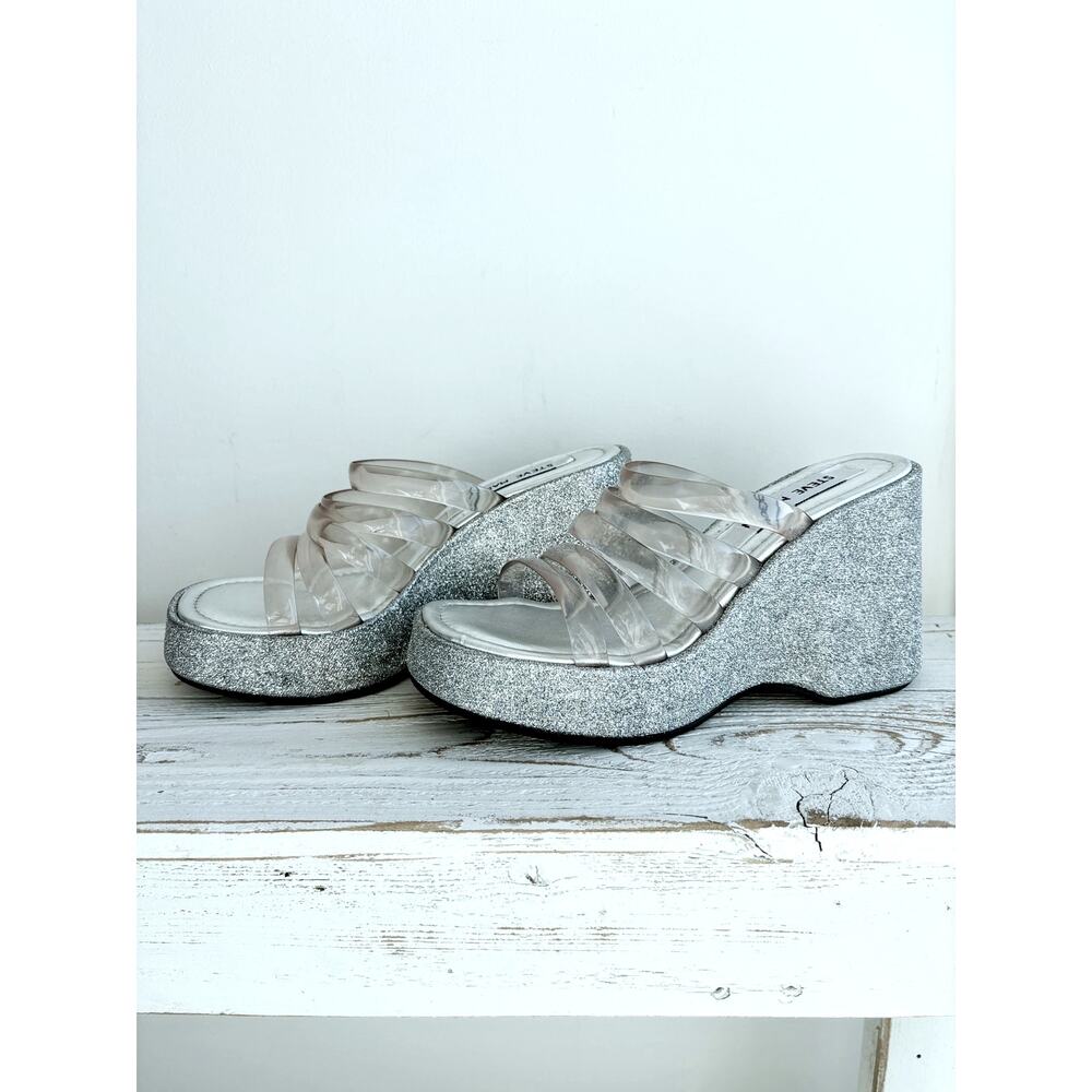 VTG Y2K Glitter Silver Platform Wedge Slide Sandals Sz 6 Cinderella Clear Straps